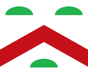 Arms Image: Argent, a chevron gules, between three mounts vert, two and one